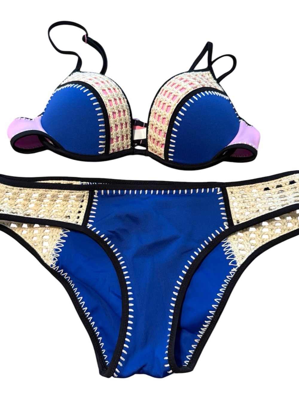 Victorias Secret Blue and Pink Crochet Trim Women’s Bikini Set Med / 34 B pushup